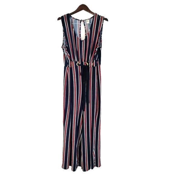 Women 2X Sleeveless Flare Leg-V Neck Loose Striped Jumpsuit Gold Loophole Belt - Picture 4 of 4